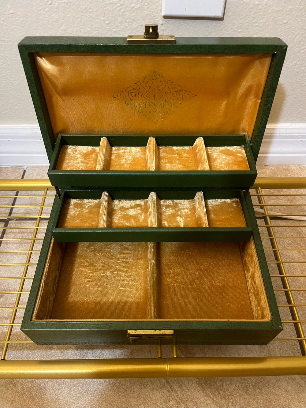 Vintage Midcentury Green Leather Jewelry Box with Gold Velvet-Lined Interior